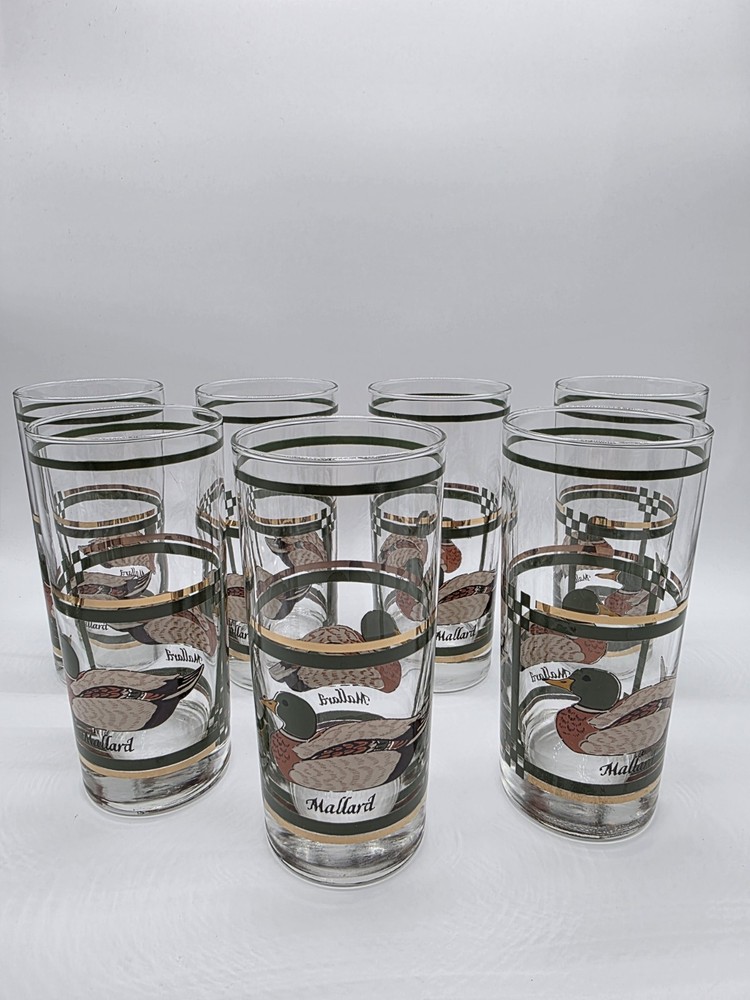 Vtg Libbey Mallard Duck Crystal 22K Gold Trim Tumblers Glasses Bar Set of 7