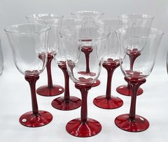Set 8 Murano Style Studio Art Glass Wine Goblets Applied Amberina Stem