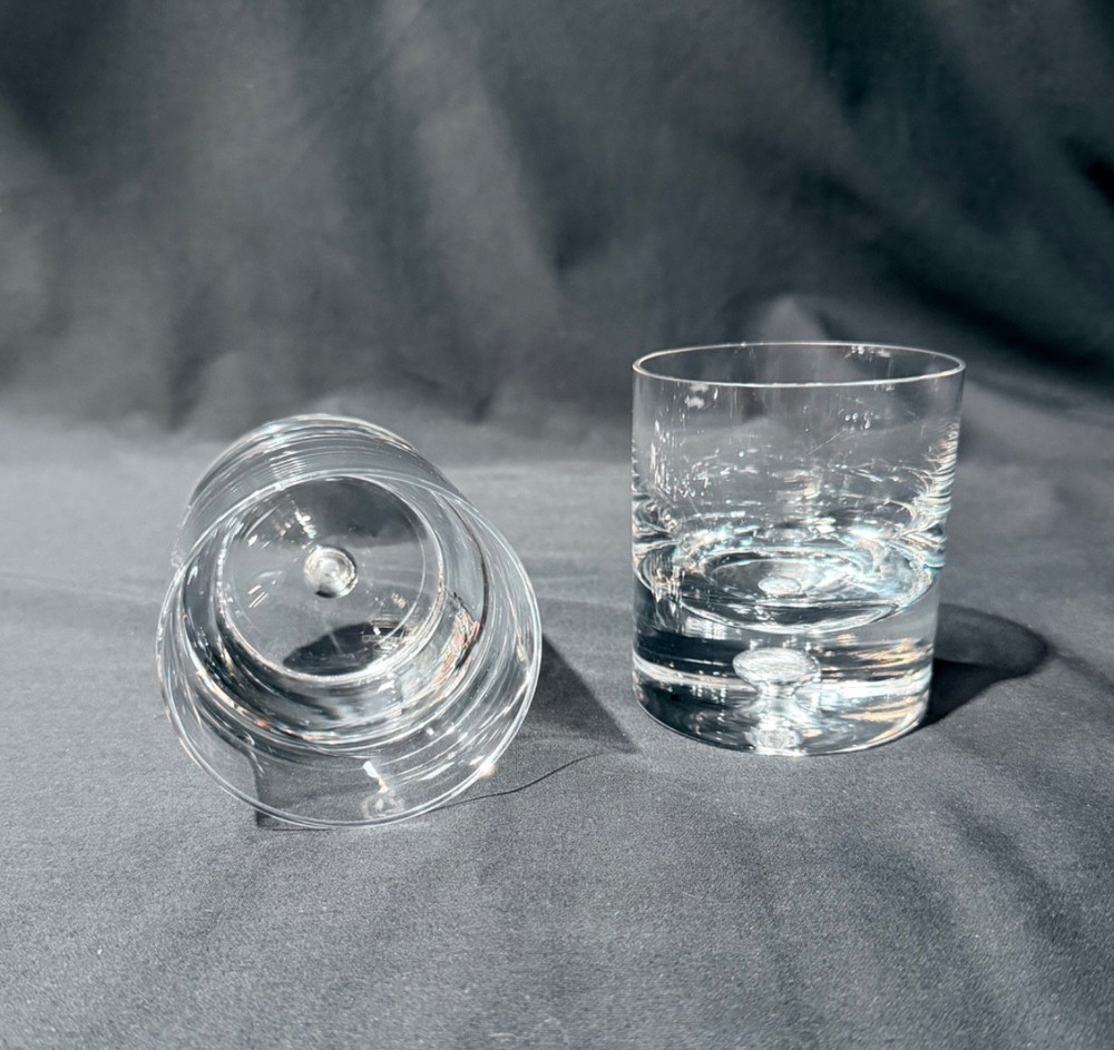 Pair of Double Old Fashion Whiskey Glass w/ Bubble Heavy Bottom Tumbler VG Cond