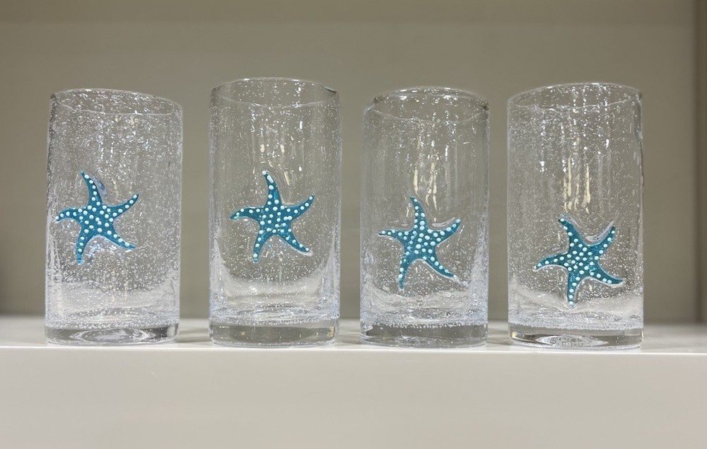 Set Of 4 HandBlown Bullicante Glass Highball Tumblers 6” Applied Starfish Disc
