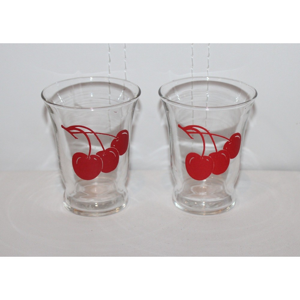 2 vintage 3″ tall Libbey juice glasses MCM red cherries USA lot