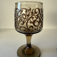 Vintage Pair 1970s Libbey Prado Empire Scroll Wine Glasses Smoked Glass Stemware