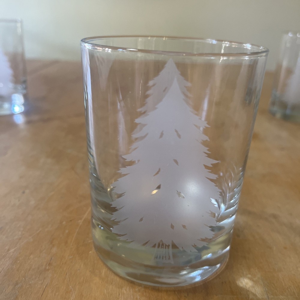 Vintage Frosted Etched Textured Pine Tree Double Old Fashion Glasses Set Of 4