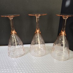 VTG Depression Glass Wine Goblets Set of 3 Etched Ribbed Rambler Rose Pink 7in