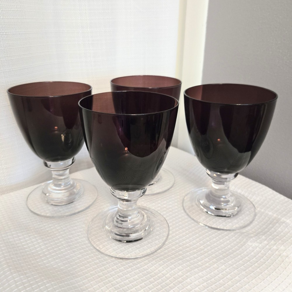 Art Deco Style Water Wine Goblets Glass Tiered Pedestal Base Plum Set Of 4