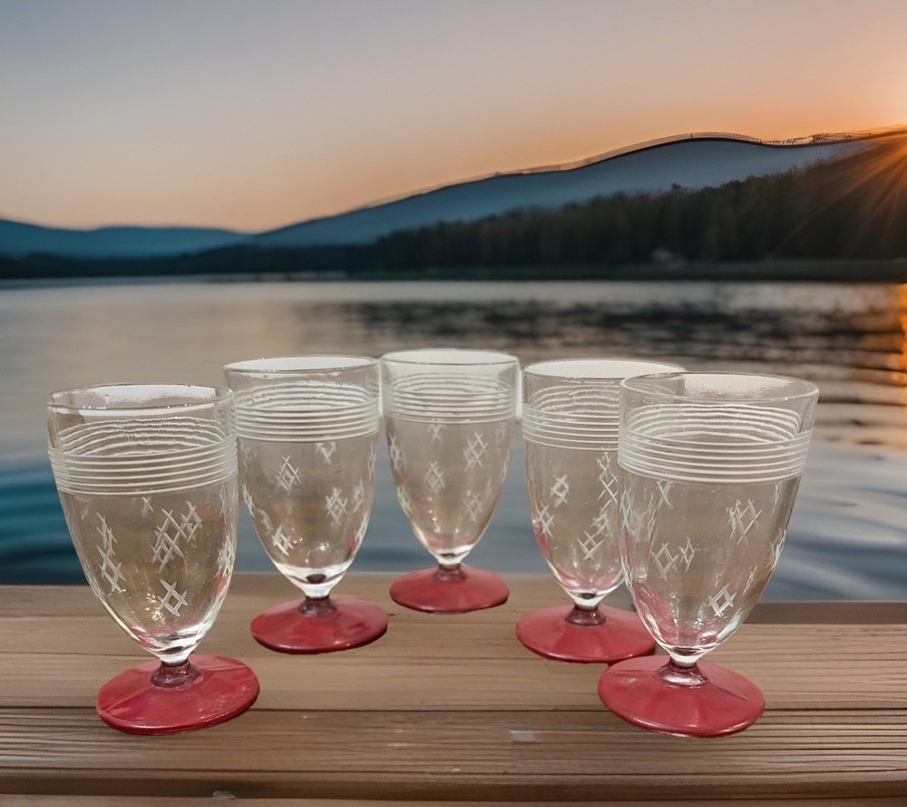 Vintage European cordial Glasses Ruby Red Enamel footed Etched Diamond Five