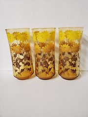 Vintage Libbey Amber Tumblers Yellow Brown Flowers Set of 3
