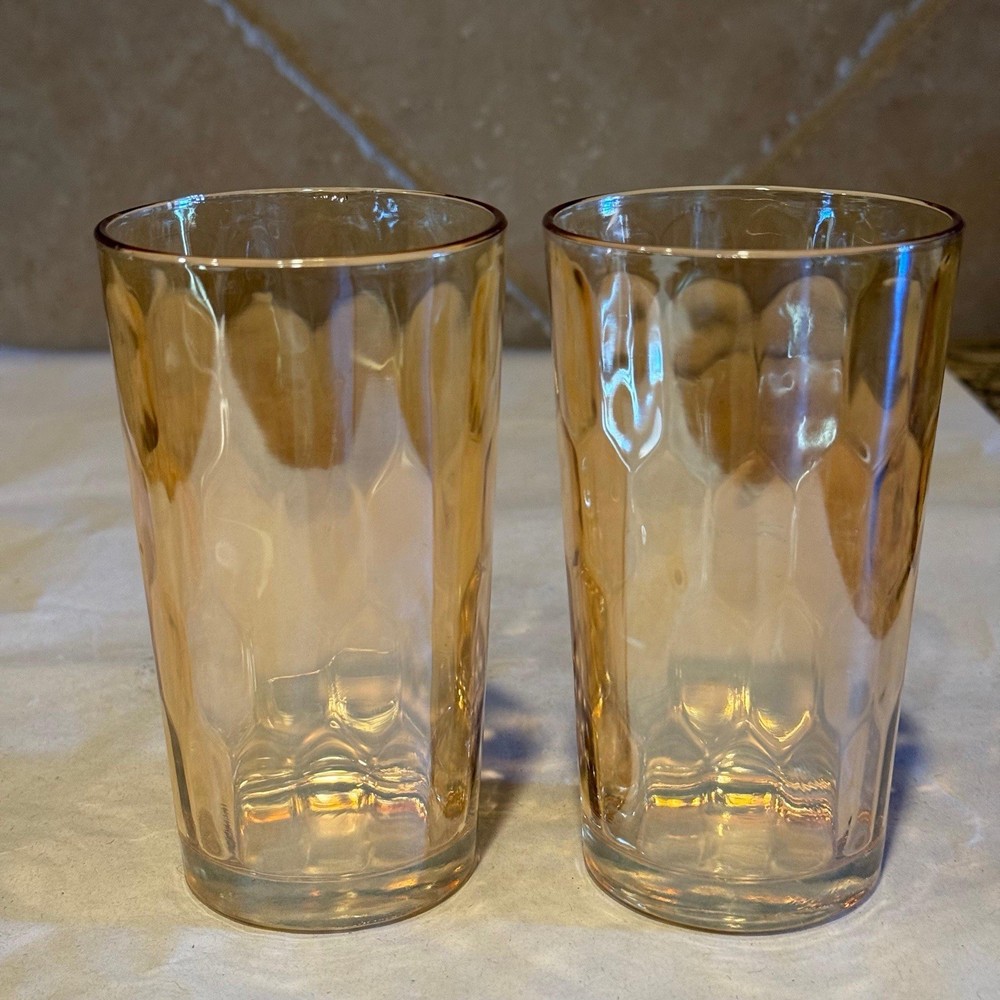 Vintage 2 Rare Jeanette Glass & Carnival Iridescent Lustre Honeycomb Tumblers 5”