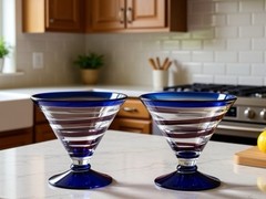 Kosta Boda Hand Blown Royal Caribbean Martini Desert Glass’ Red Swirl Blue Rim