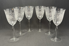 Vintage Etched Wine Glasses Basket of Flowers and Scrolls ~ Set of 6