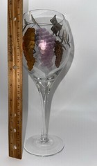 Crystal Etched Wine Glass 9.5″ Gold Purple Grapes 🍇 Silver Vine Hand Painted