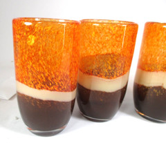 Pier 1 Tumblers 4 Mouth Blown Tri-Color Orange Speckle Cream Brown 16oz Glasses