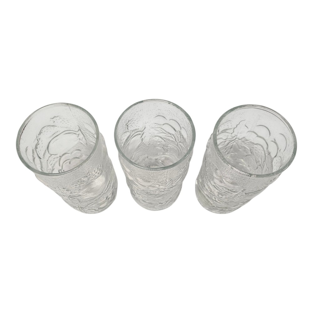 3 Vtg Embossed Fruit Clear Textured Tumblers Iced Tea 6 1/8″ Tall 16oz NO Chips