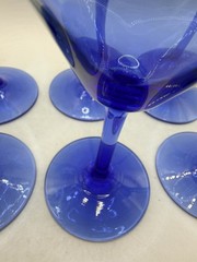 6 Vtg Teardrop Blue 6 Oz Stemmed Wine Glasses, 6 5/8”