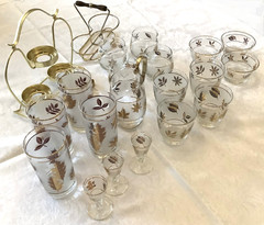 22 Pieces – Vintage Libby Frosted Golden Leaf Glass with Accessories