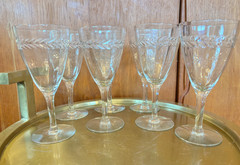 7 Vintage Seneca Laurel Leaf Wheel Cut Optic Wine Glass Flutes Beveled MINT