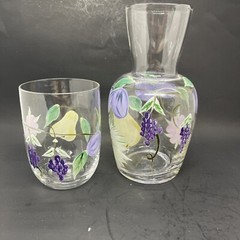 Hand Painted Tumble Up Glass Bedside Carafe & Glass Set Pears, Plum & Grapes