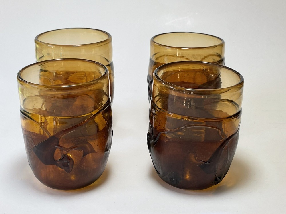 Vintage Frederick Warren Art Glass Tumblers Smoky Brown Swirl Blown Set of 4
