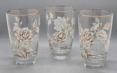 Set of 3 Clear Glasses With Gold Rim and Gold & White Roses. 14 oz. 5 1/4″Tall.