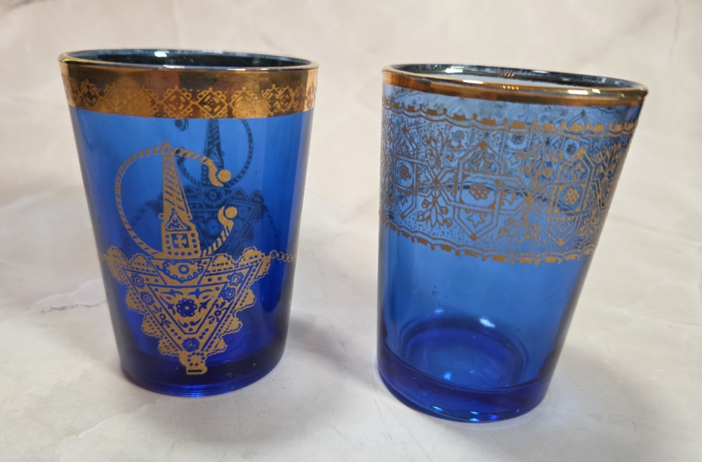Vintage Cobalt Blue Gold Moroccan Tea Glasses Pair Hamsa Moon Design