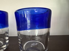 2 Mexican Hand Blown Cobalt Blue Rim Glass Tumbler Rough Pontil Bubble Low Ball