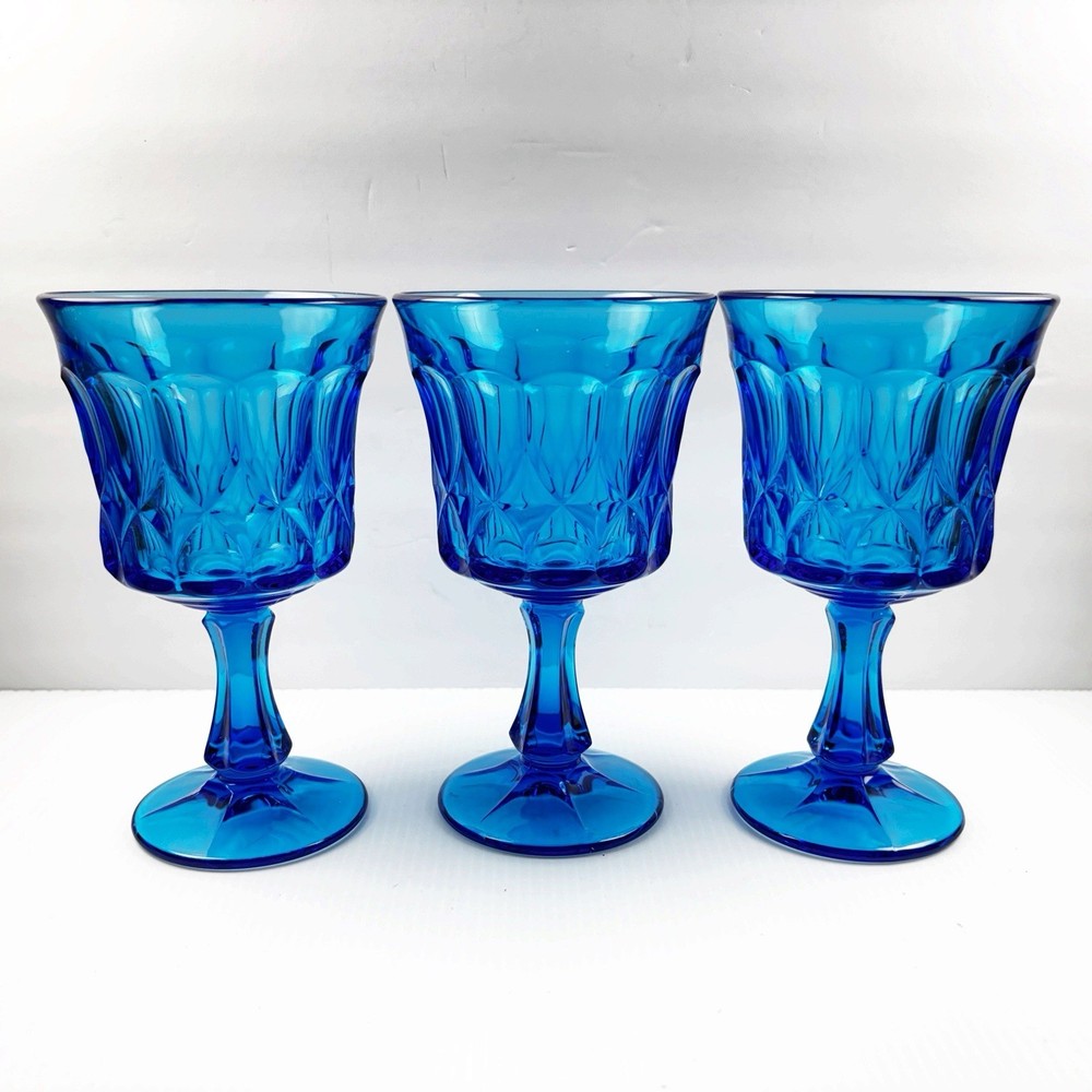 Noritake PERSPECTIVE BLUE Glass Goblet Wine Water Footed 6.5” Tall Vintage Set 3