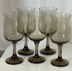 Set of 5 Vintage MCM Libbey TULIP Tawny Smoke Brown 12oz Water Goblets 7 1/4″