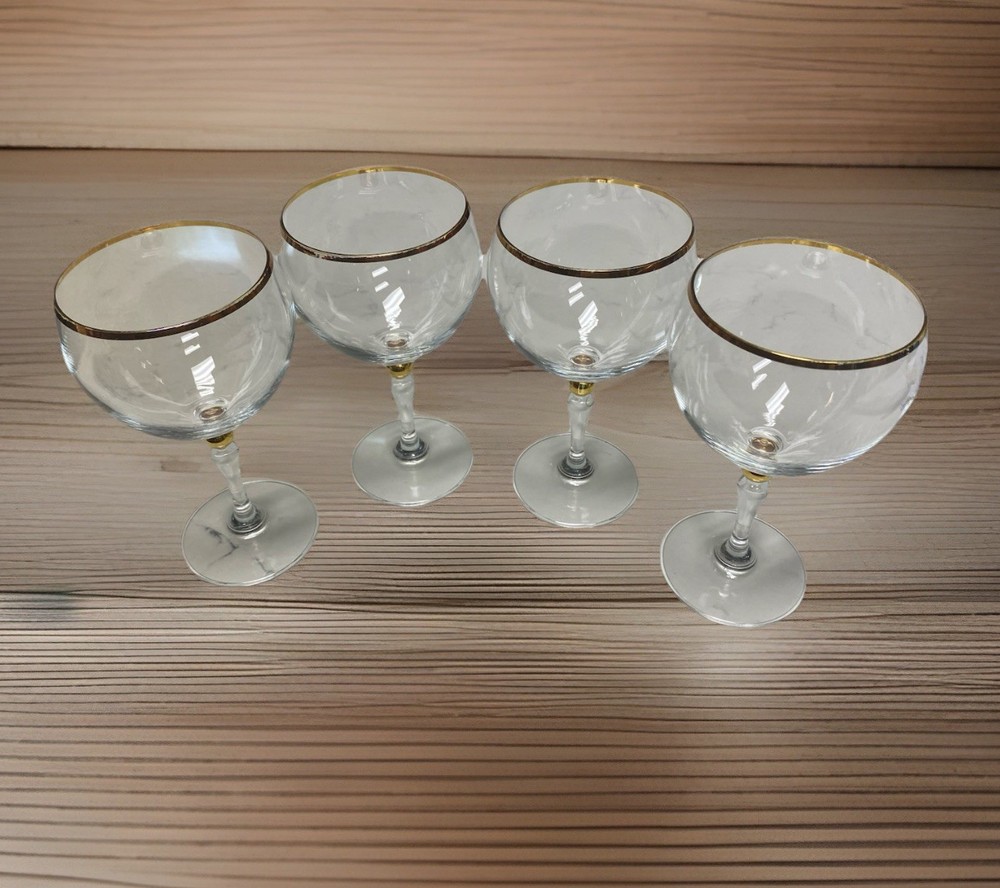 4 Vintage Bohemia Crystal -Crystalex BOC42 Balloon Water Glass Gold Ball Stem