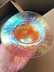 Pretty Marigold Dugan Carnival Glass Circle Scroll Pattern JIP Shaped Tumbler