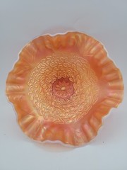 Antique Peach Opal Dugan Carnival Glass Soutache Pattern Wavy Footed Bowl