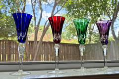 Ajka Cut to Clear Crystal Flutes Set of 4 Multi Color Hungary Lead Glass H-7″