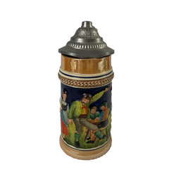 Vintage German Beer Stein Mug Pewter Lid 3D Folk Scene Aus Der Almi Collectible