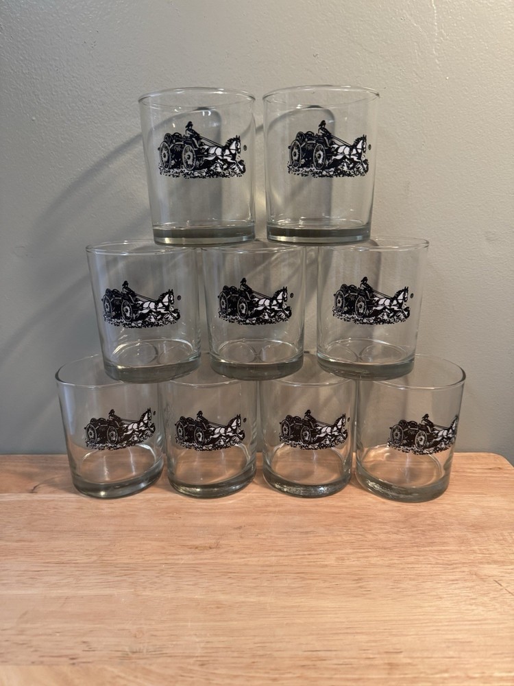 9 Horse Drawn Fire-Engine Themed Drinking Glasses Short Vintage Libby