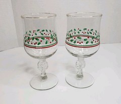 Vtg Arby’s Christmas Holly Berry Wine Glasses Water Goblets Bow Stem – Set of 2 