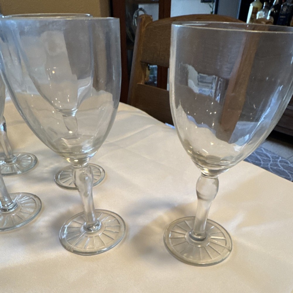 Set Vintage Wine Glasses w/Paneled Design & Ribbed Stem Decorative Btm