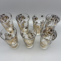 Gay Fad Gold Acorn Leaf High Ball Glasses 5.75” Tall 12 Oz MCM Set Of 7