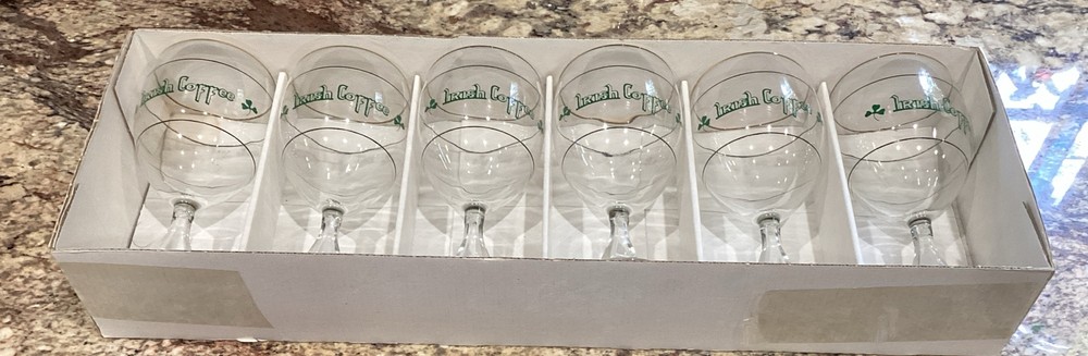 6 DURAND LUMINARC FRANCE IRISH COFFEE GOLD RIM W BOX 5 3/4” LOOK UNUSED EB330/79