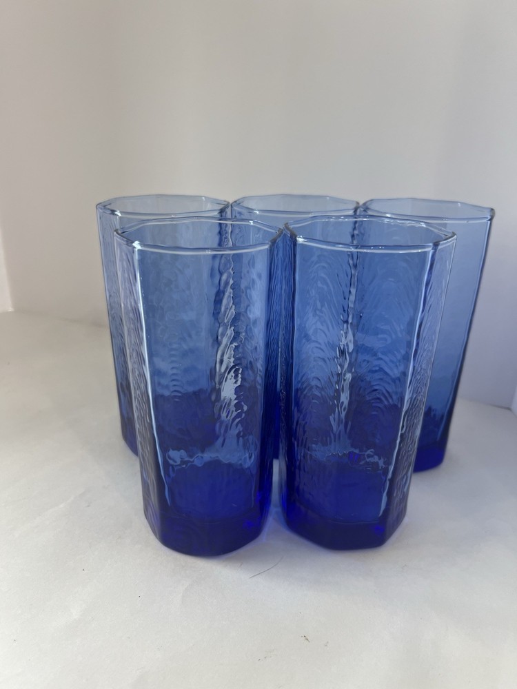 Libbey Facets Blue Cooler Glasses Octagon Textured Drinking Tumblers Lot of 5