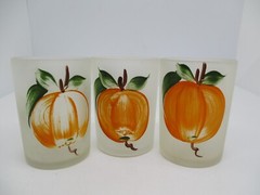 3 Vintage Hazel-Atlas Frosted Hand-Painted Pumpkin Juice Glasses