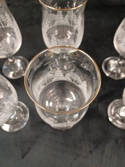 Set 4 Libbey WINTER WONDERLAND Stemmed Goblets Frosted Trees Gold Rim