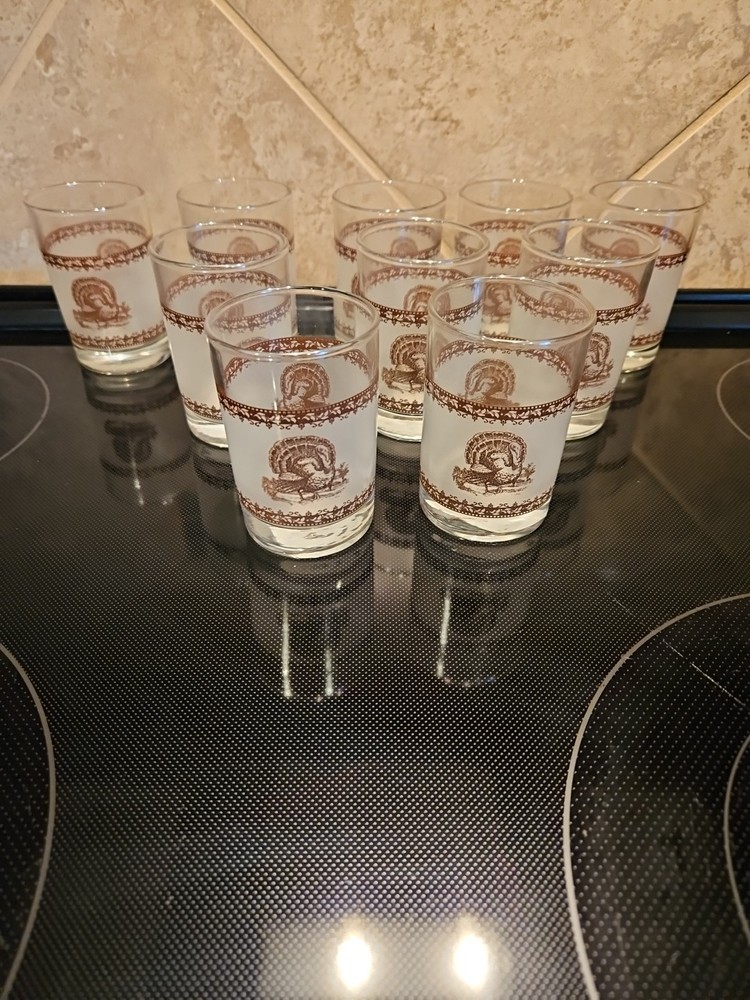 10 VINTAGE Libbey Glass Frosted BROWN Wild TURKEYS* 3.5″ WEIGHTED Juice TUMBLERS