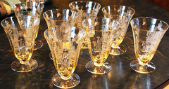 Vtg Set 8 LA FLEURE YELLOW 4.75″ Etched FOOTED TUMBLERS Glass TIFFIN FRANCISCAN