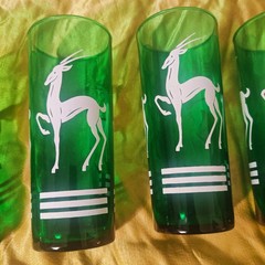 Hazel Atlas Green Gazelle Collins Glasses Set of 7 Vintage MCM Highball Barware