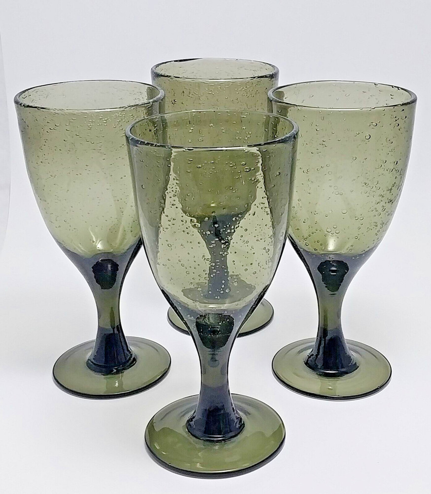 Hand Blown Seeded Bubble Wine Glasses Solid Avocado Green Water Goblets Set Of 4