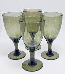 Hand Blown Seeded Bubble Wine Glasses Solid Avocado Green Water Goblets Set Of 4