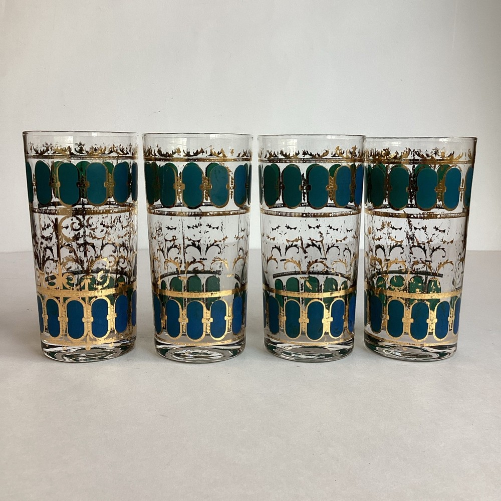 Vintage Set 4 CULVER Azure Blue Scroll Highball Glasses 22k Gold Mid Century