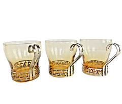 Libbey Glass AMBER Greek Key Design Continental 3 Coffee Cups Metal Holders MCM
