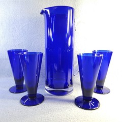 Colonial Williamsburg Cobalt Blue Shrub Glasses Set of 4 + Pitcher MCM Vintage