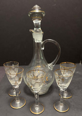 MCM Cordial Set Decanter & 5 Glasses Cut Etched Frosted & Gilt