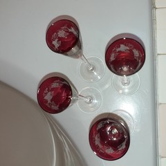 Vintage Bohemia Ruby Red Etched Grapes Set of 4 After Dinner Coctail 7.1″ tall